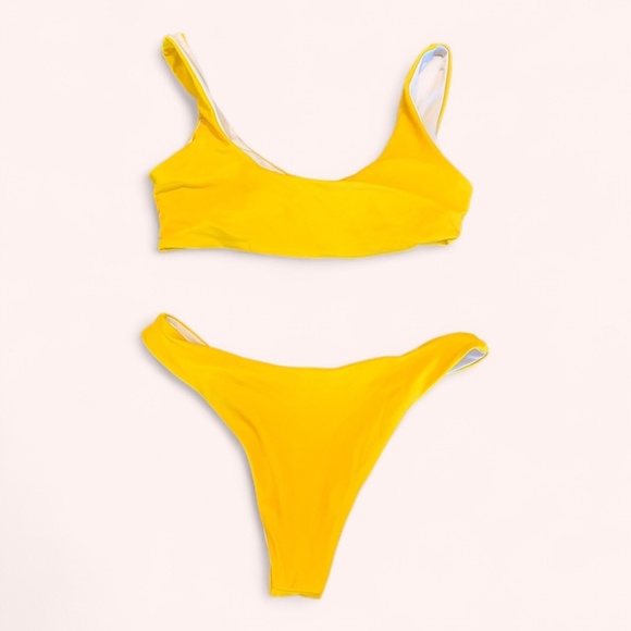 SHEIN Vibrant Canary Yellow Beachy Fun Tie Cheeky High Waist Bikini Size M NWOT - Picture 2 of 3